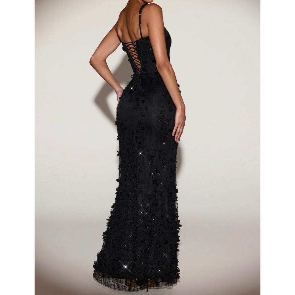 Oh Polly Black Sequin Floral Lace Corset Maxi Dress Lace Up Back Prom Gown US 4 - Picture 4 of 10